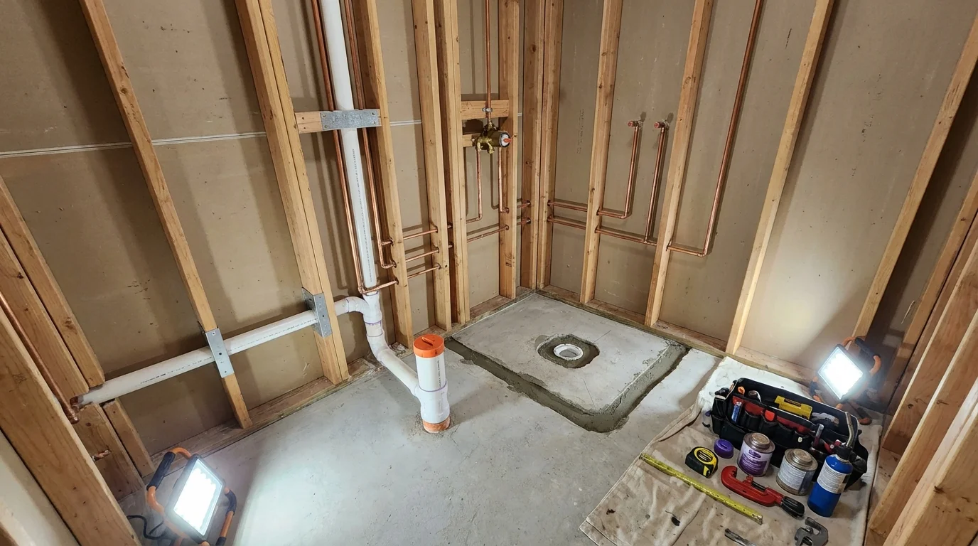 Bathroom rough-in plumbing during remodel by Johns Plumbing LLC in Geronimo