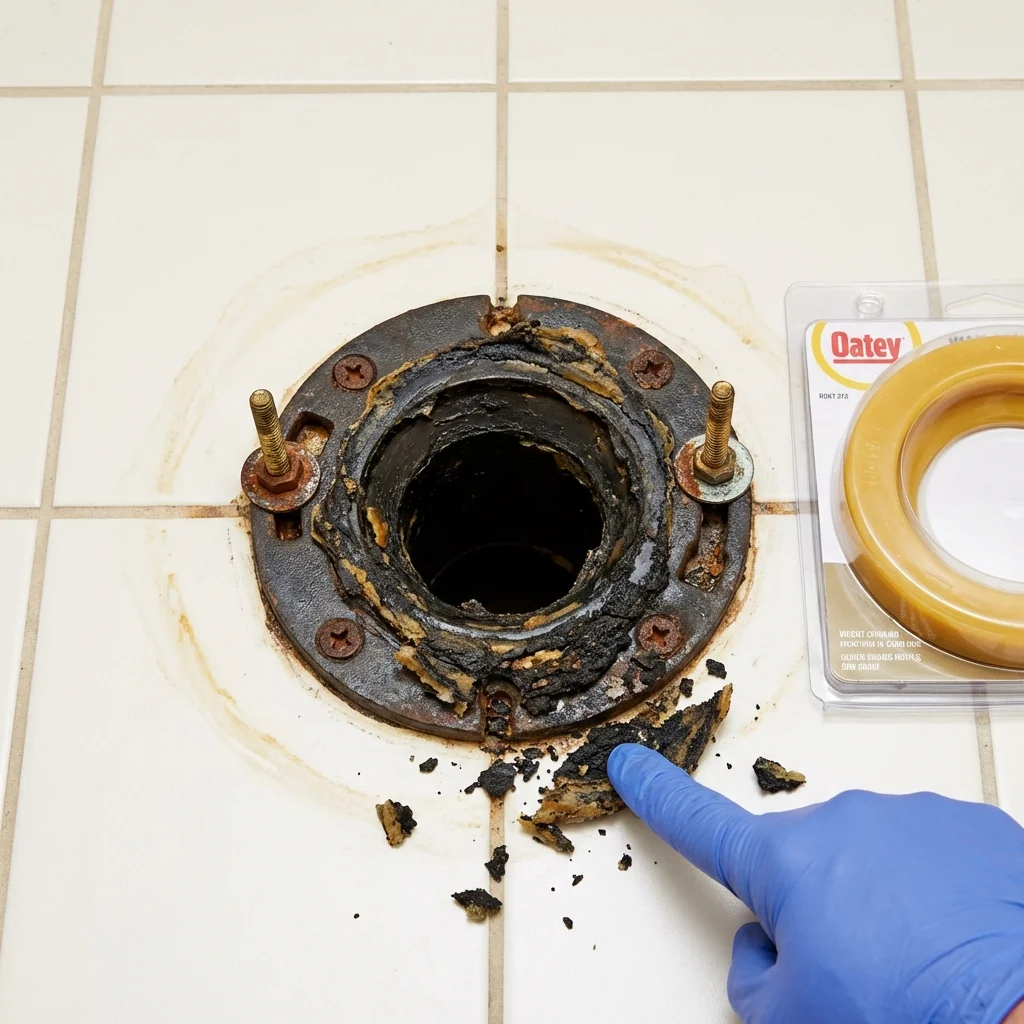 Failed wax ring showing water seepage at the base of a toilet in a Geronimo, OK home